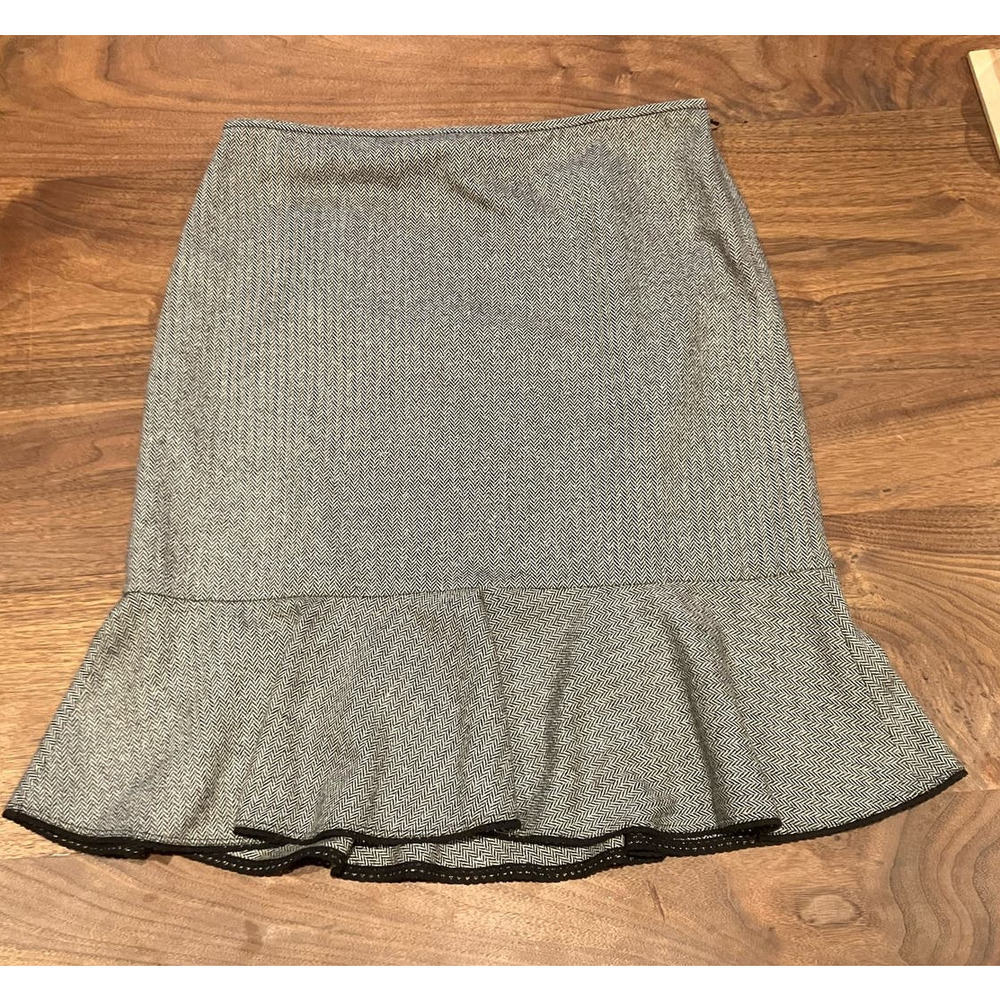 LOFT Wool Silk Blend 14 Godet Skirt Gray Black Office Zip Up‎ Knee Length Office